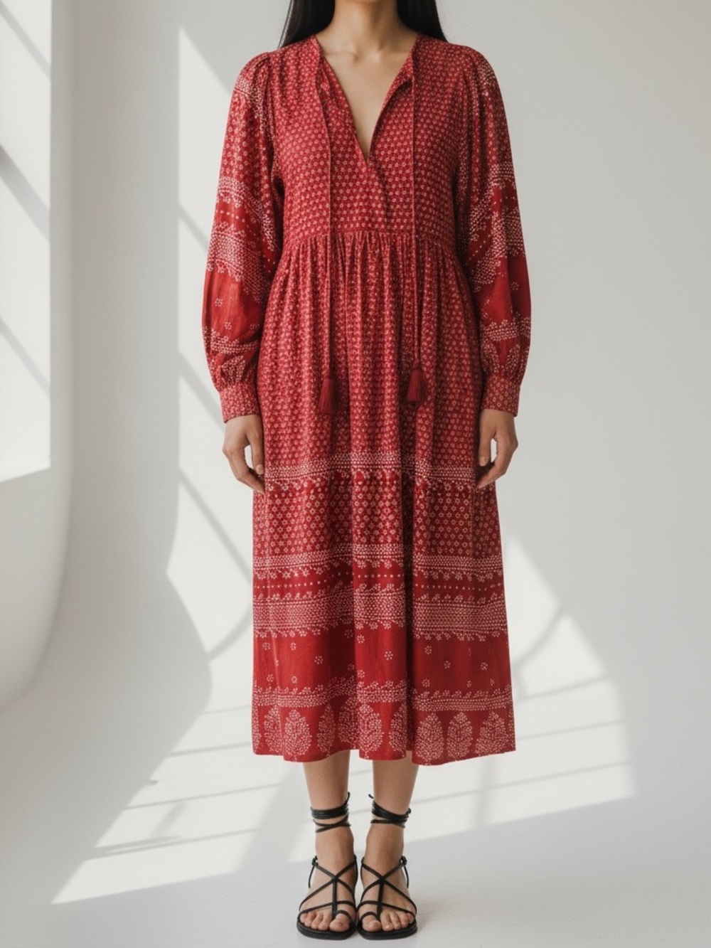 Mille Michelle Euro Summer Long Sleeve Midi Dress Women XS Red Mosaic Print